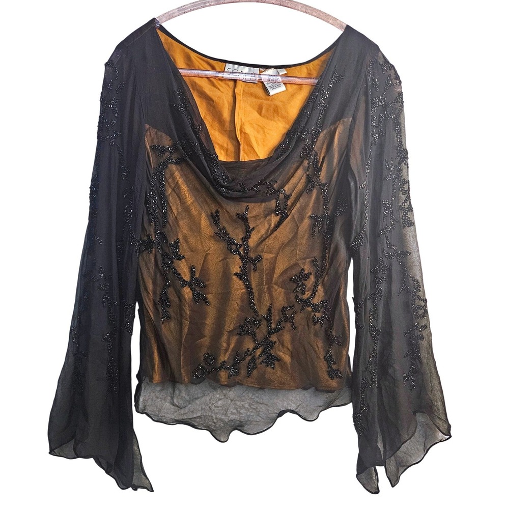 Vtg Scala Whimsigoth Top Sz L 90s Y2k‎ Black Beaded Satin Silk Overlay #529